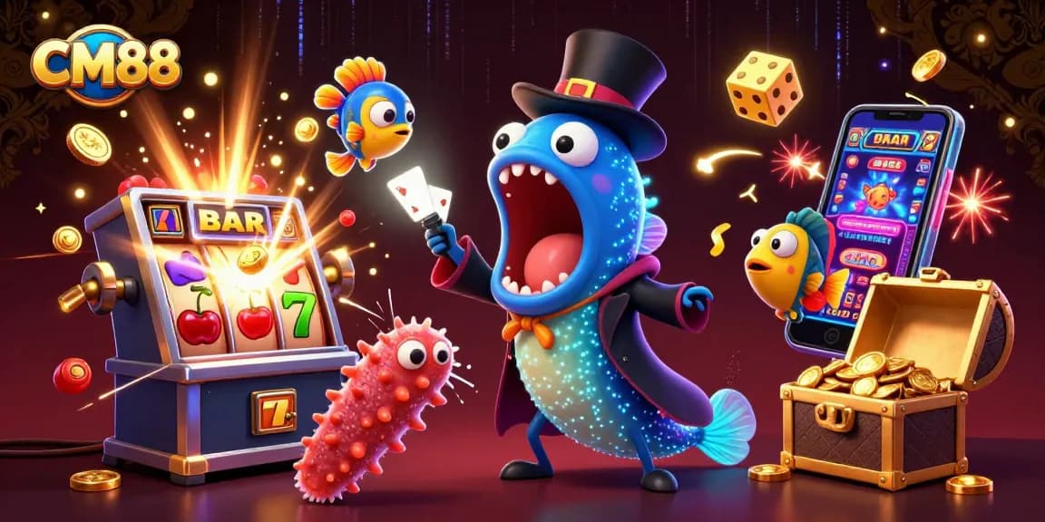 Enjoy exciting CM88 online gaming experiences with vibrant slot machines and captivating casino characters.