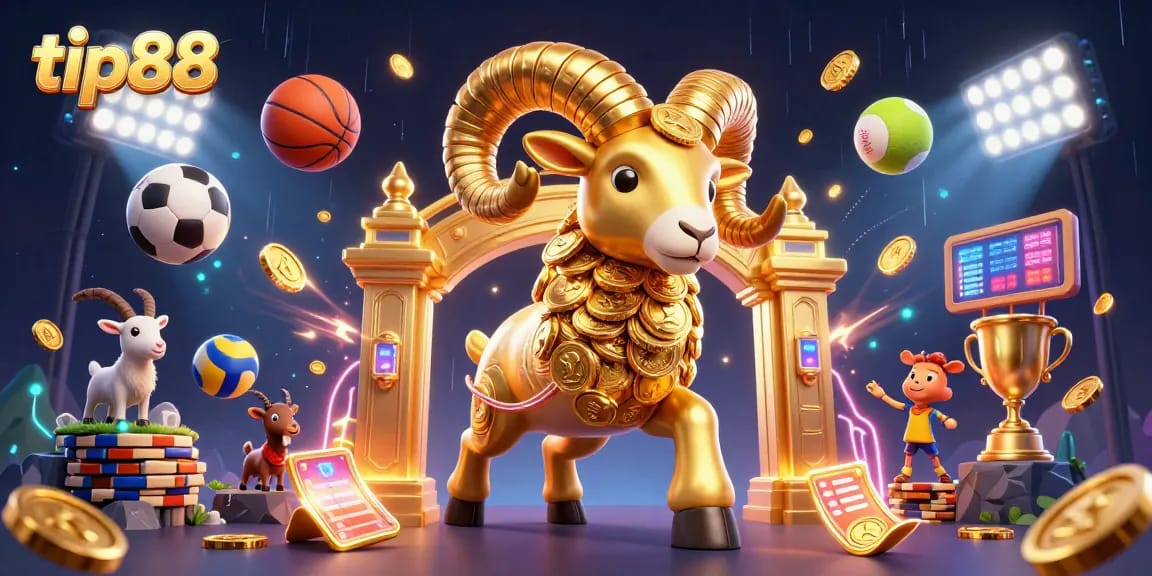 Experience the thrill with tip88's dynamic gaming scene featuring sports elements and a golden ram.
