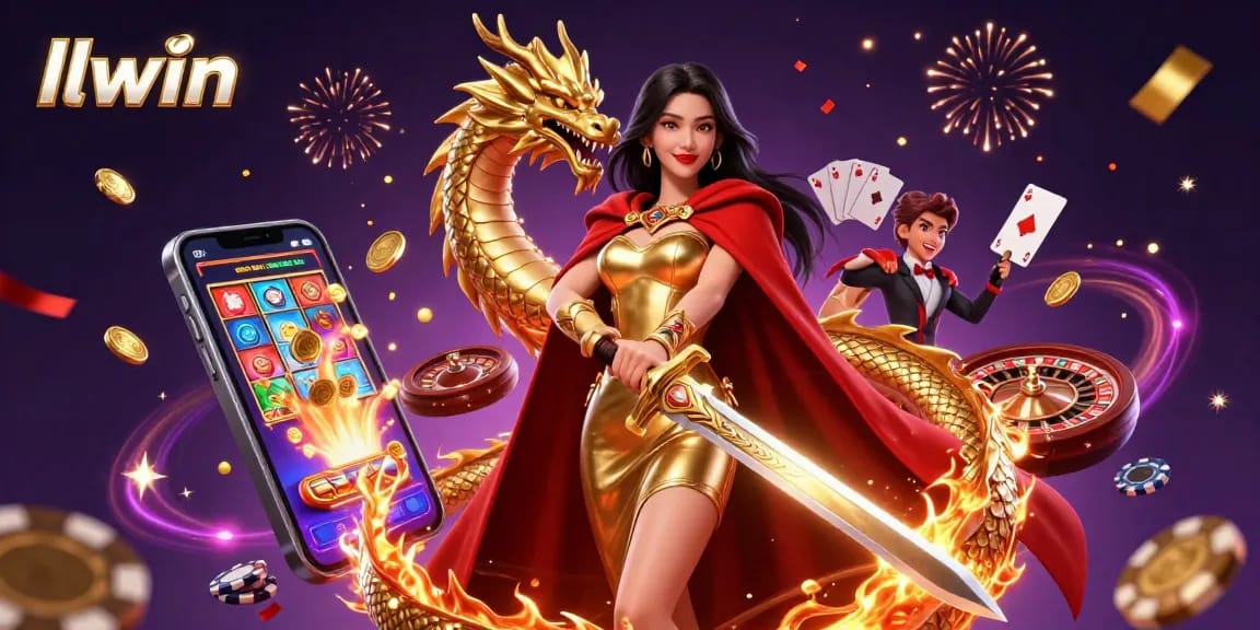 Spin the reels at llwin, showcasing a warrior queen and a golden dragon amidst a vibrant casino scene.