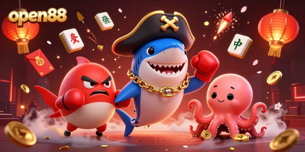 Join the excitement at open88 with a cartoon pirate shark and friends celebrating a big win!