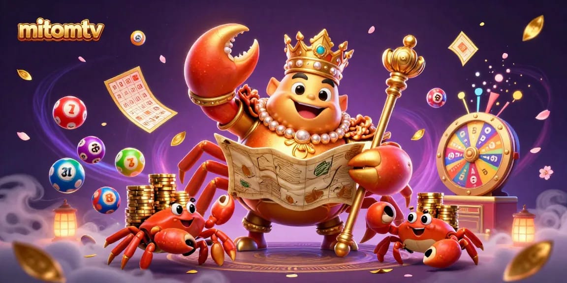 Join the ultimate gaming experience on mitomtv with a grand golden crab emperor amidst captivating casino elements.