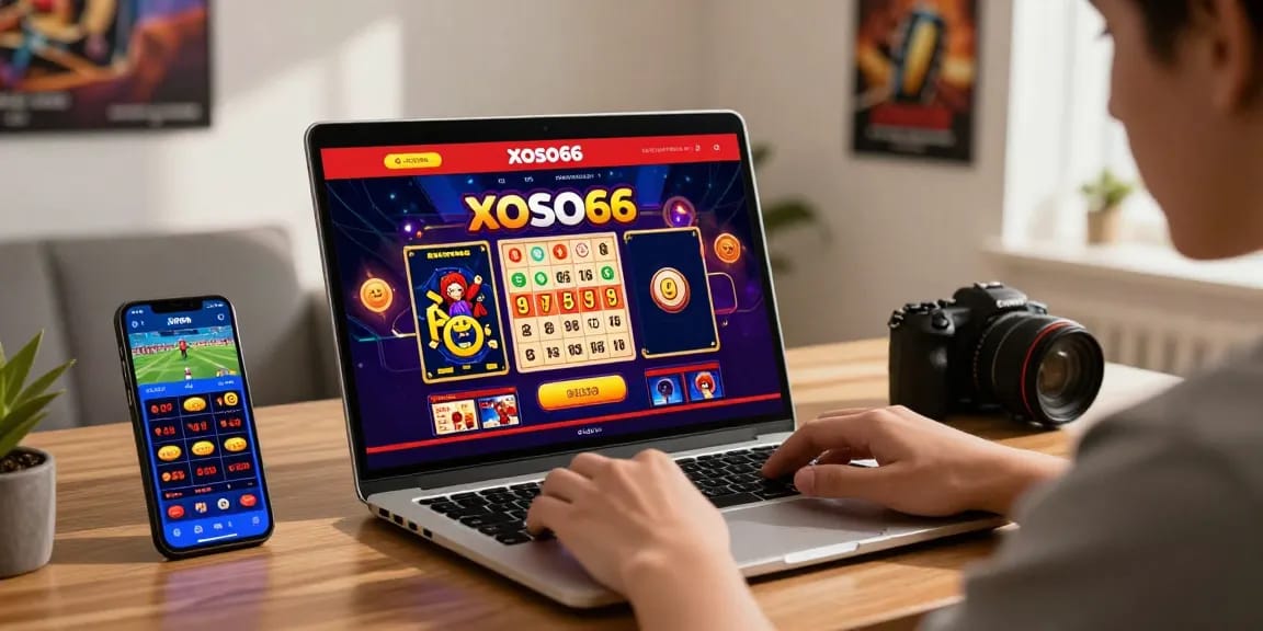 Xoso66 có uy tín không? Engaging online gambling scene with vibrant graphics, player excitedly interacting with the platform in a modern home.