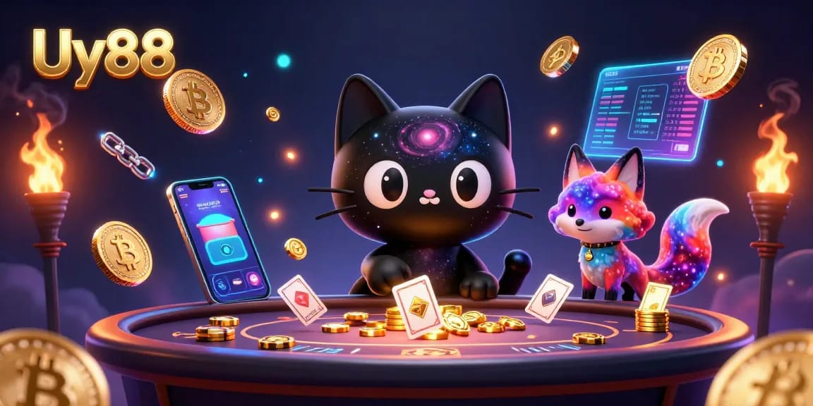 Experience the excitement of Uy88 with vibrant cosmic gaming creatures capturing golden chips!