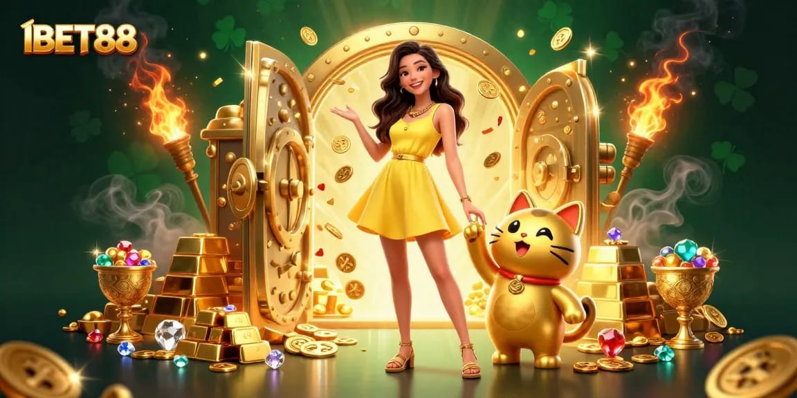 IBET88 celebrates wins with dynamic casino illustration featuring golden treasures and a lucky cat.