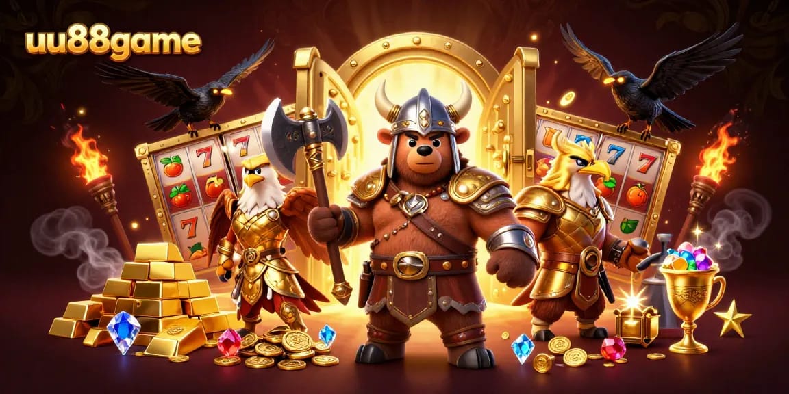 Engage with the excitement of uu88game in this vibrant 3D casino illustration featuring a Viking bear and Valkyrie eagle.
