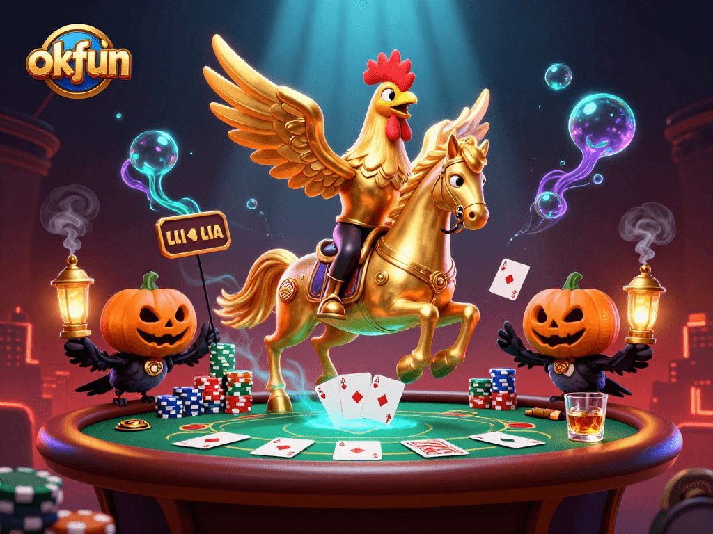 Experience okfun's thrilling midnight casino with a golden rooster and spectral horse in action.