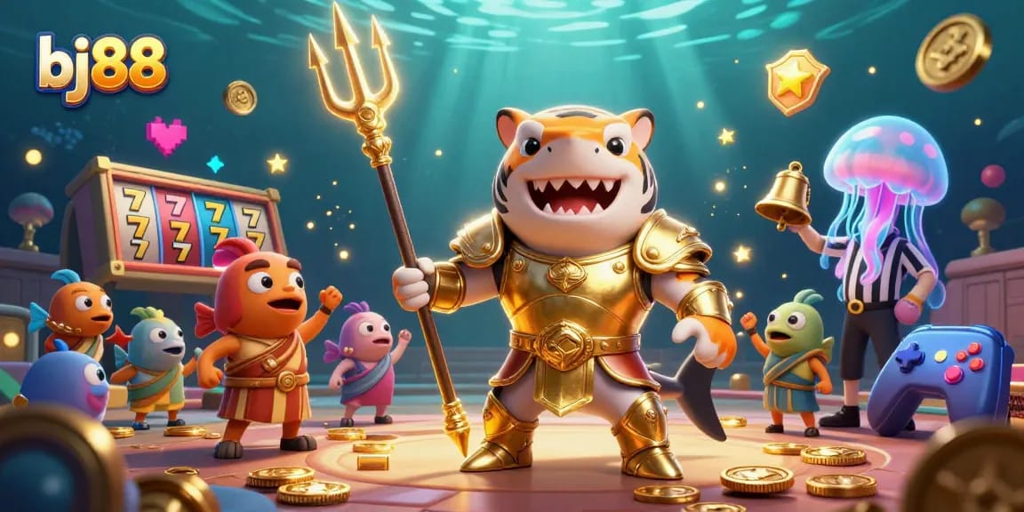 BJ88 casino scene showcasing a tiger shark warrior amidst slot machines, embodying thrilling gameplay.
