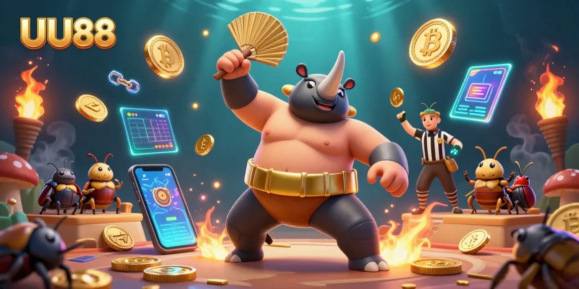 Experience thrilling gameplay with UU88, featuring a beetle sumo champion amidst floating crypto coins.