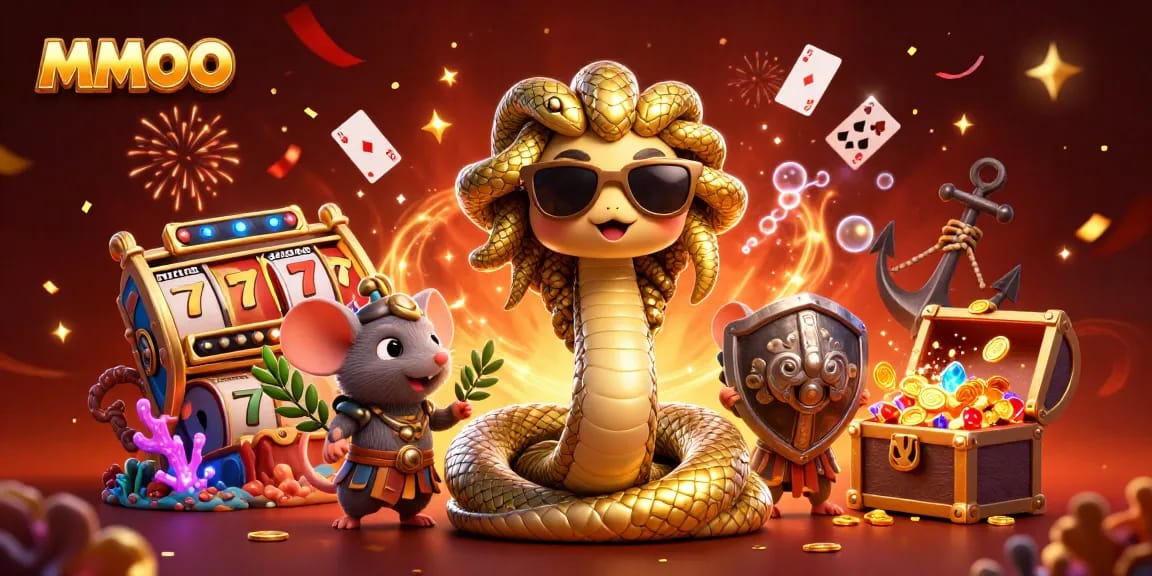 Engage in thrilling MMOO slot gameplay with Medusa and warrior mouse amidst vibrant casino visuals.