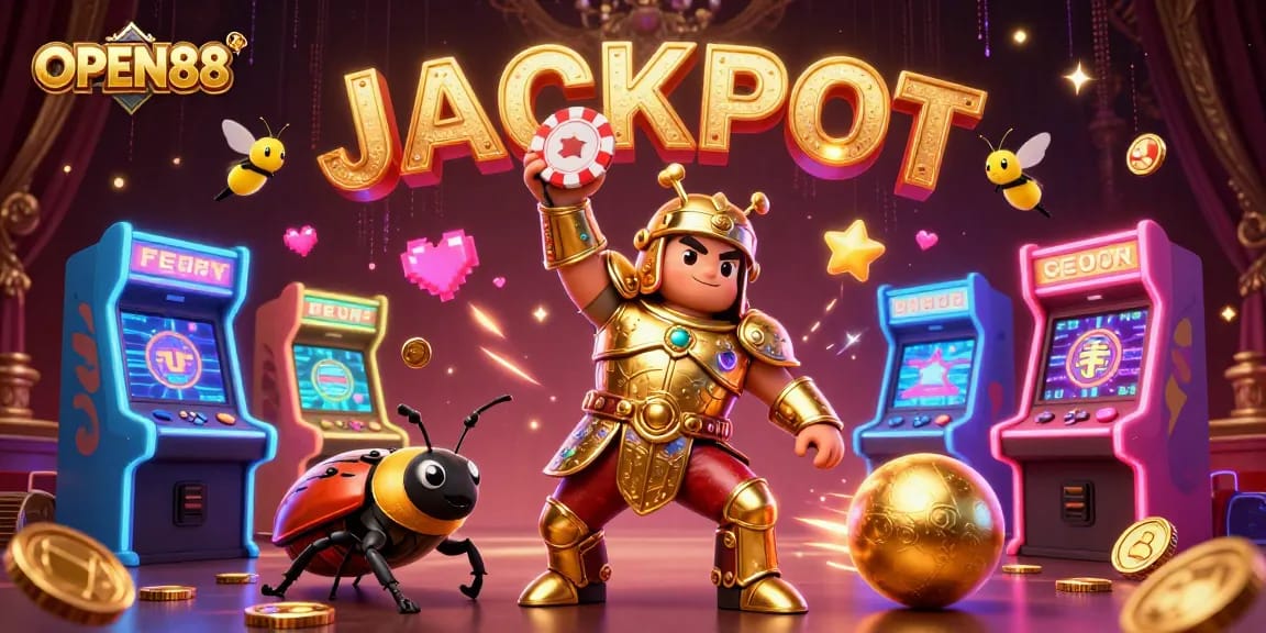 Join the excitement at OPEN88 with a heroic beetle winning a poker chip jackpot in a vibrant casino scene.