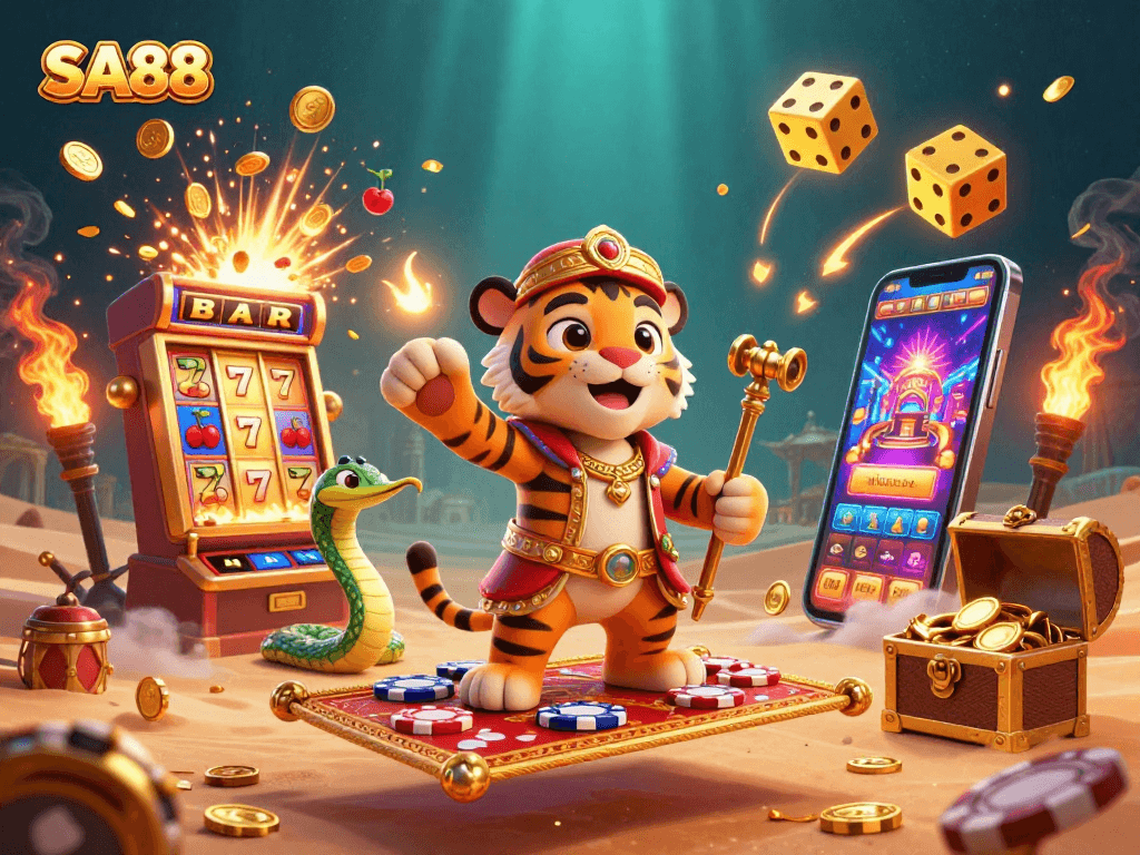 Win big with SA88 in this vibrant, action-packed casino scene featuring a jackpot explosion, flying symbols, and immersive details.