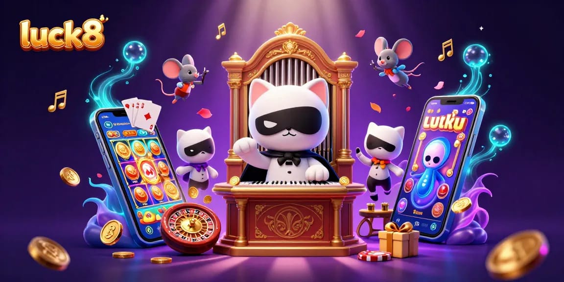 Spin to win with luck8 in a vibrant casino scene featuring slot games and joyous characters.