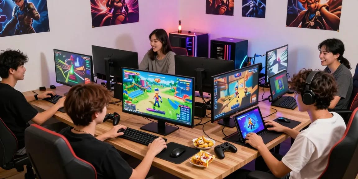 Engaging group of players enjoying hentaigames on various devices in a colorful gaming environment, showcasing the thrill of online adult gaming.