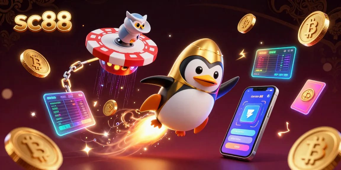 Experience sc88 excitement with a golden penguin racing to the cosmic casino!