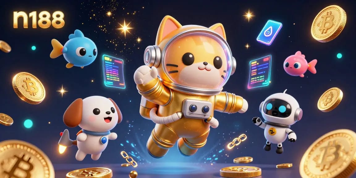 Experience the thrill of n188 casino with an astronaut cat and robot dog in a cosmic gambling scene.