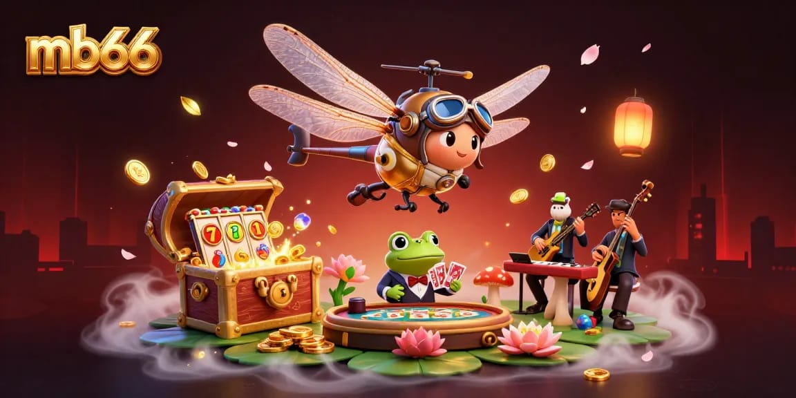 Experience the thrilling mb66 casino scene with a dragonfly pilot and frog croupier amidst vibrant game elements.
