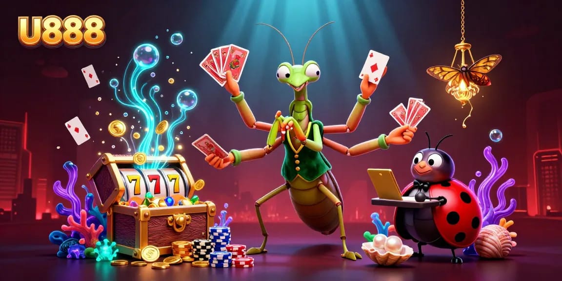 U888 showcases a lively casino scene with a giant praying mantis dealing cards and vibrant slot games surrounding.