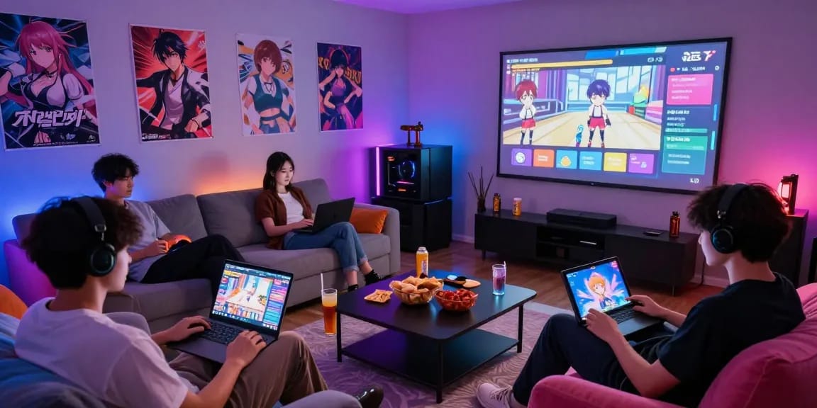 Engaged players enjoying ecchi games in a colorful gaming room with various devices.
