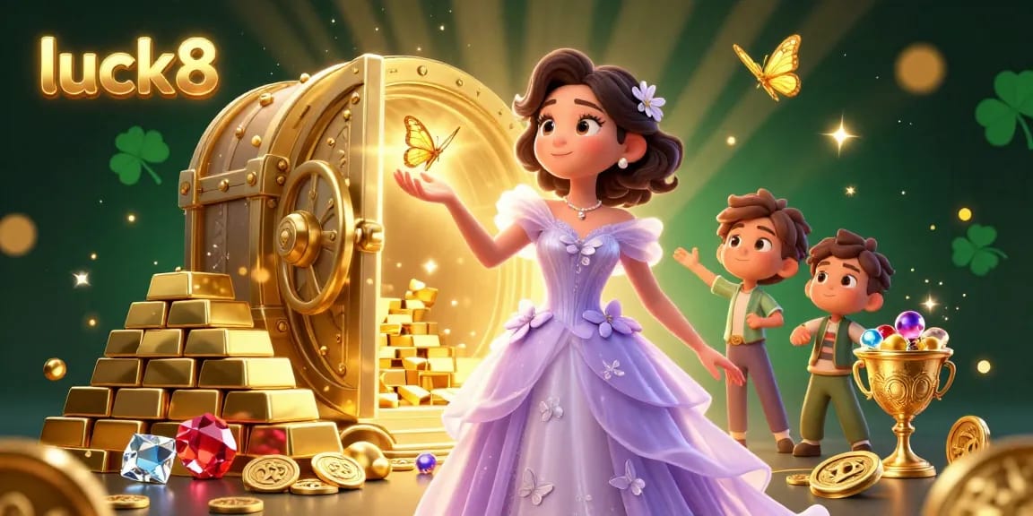 Experience luck8 in a vibrant casino scene with dazzling treasures and captivating game elements.