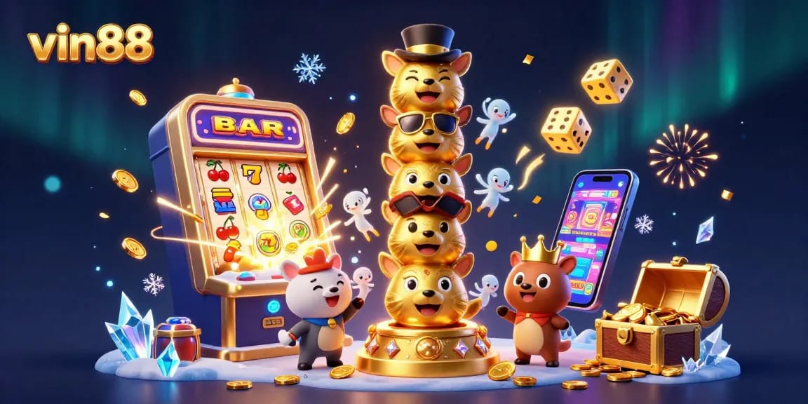 Join the exciting world of vin88 with a vibrant 3D casino-themed illustration showcasing animated characters and game features.