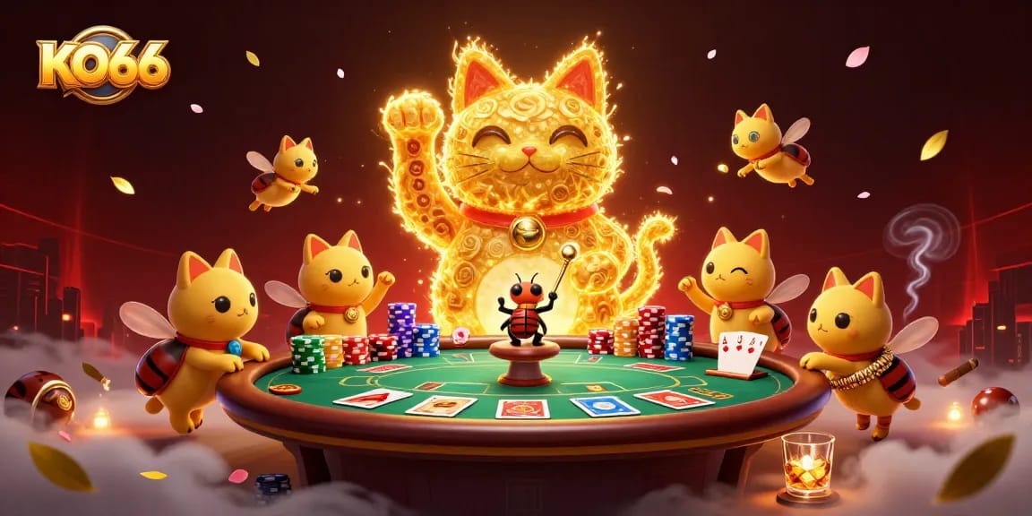 Play exciting games at KO66 with a vibrant casino-themed illustration filled with fun characters.