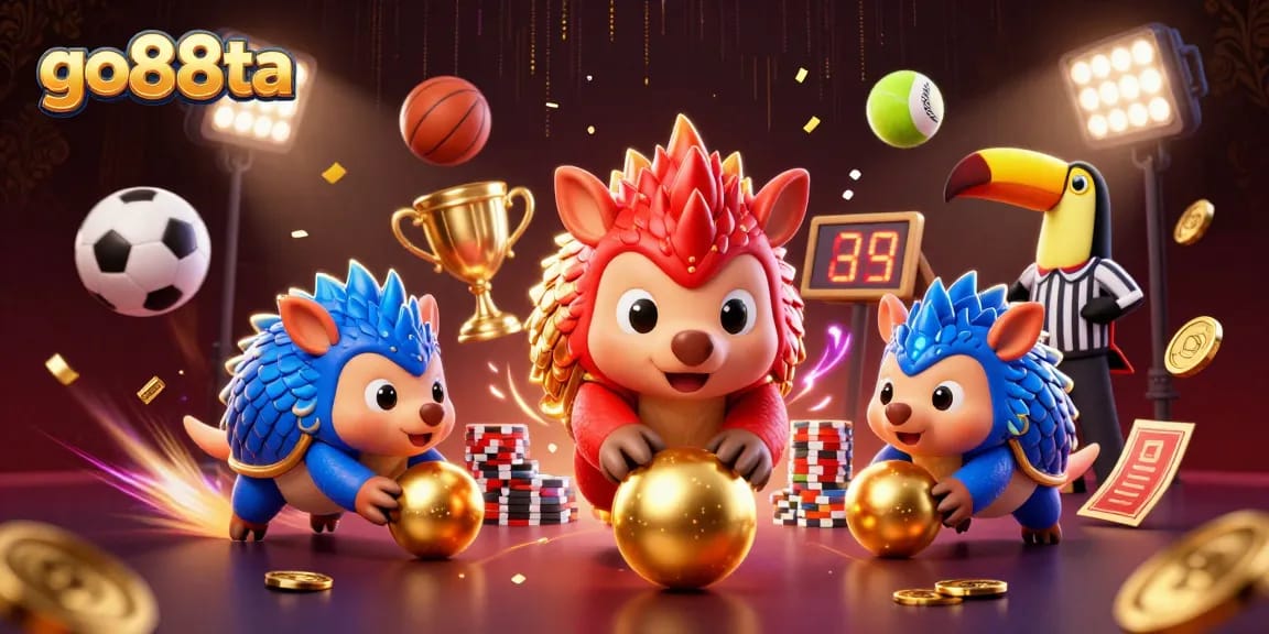 go88ta pangolins compete with golden balls and chips in a lively casino scene