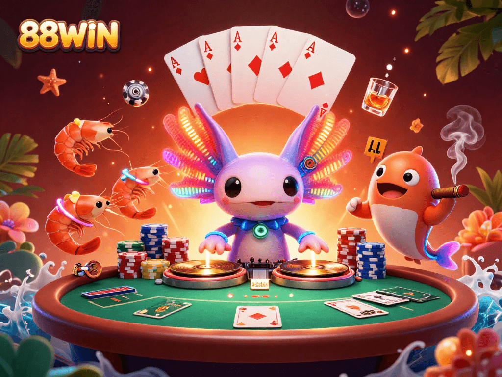 Join the vibrant excitement at 88WIN with a neon-themed gambling scene featuring a dynamic DJ and poker elements.