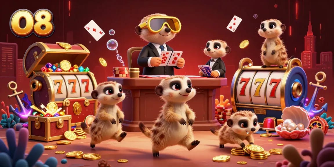 O8's meerkats expertly managing an exciting casino scene with rich visual details.
