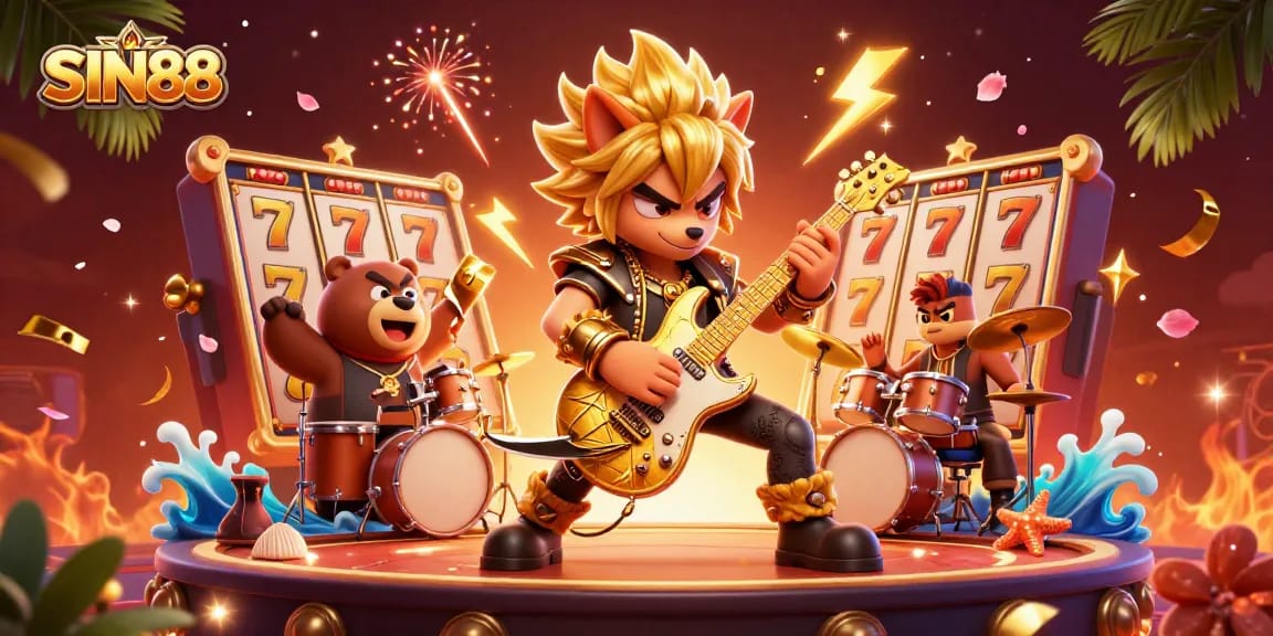 SIN88 slot game excitement with a cartoon rock star wolf and dynamic casino elements