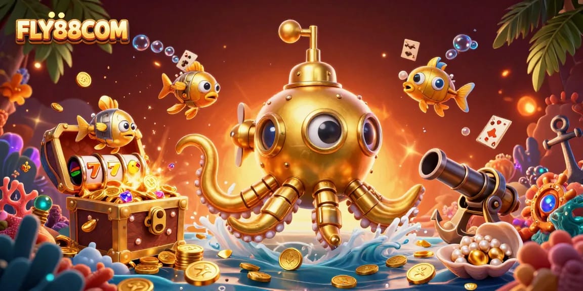 Experience thrilling wins at FLY88COM with vibrant 3D casino illustration featuring golden kraken and slot elements.