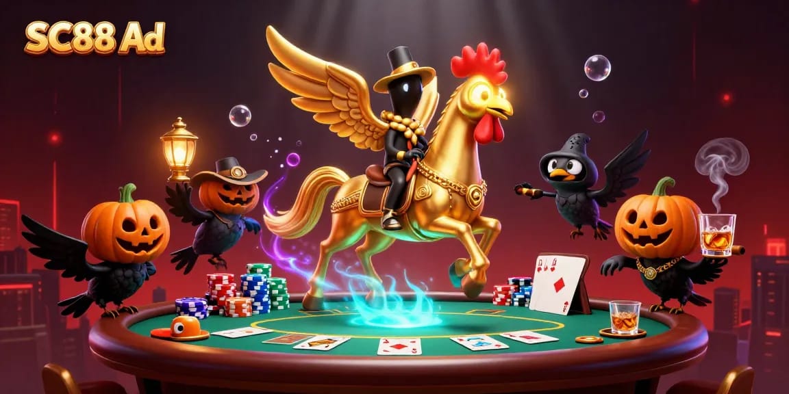 Experience thrilling gameplay with SC88 Ad's 3D golden rooster character in a vibrant casino scene.