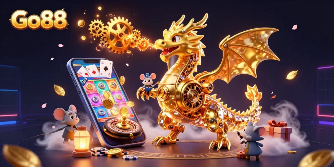 Engage with Go88 through a vibrant 3D scene of games, dragon, and coins in action.