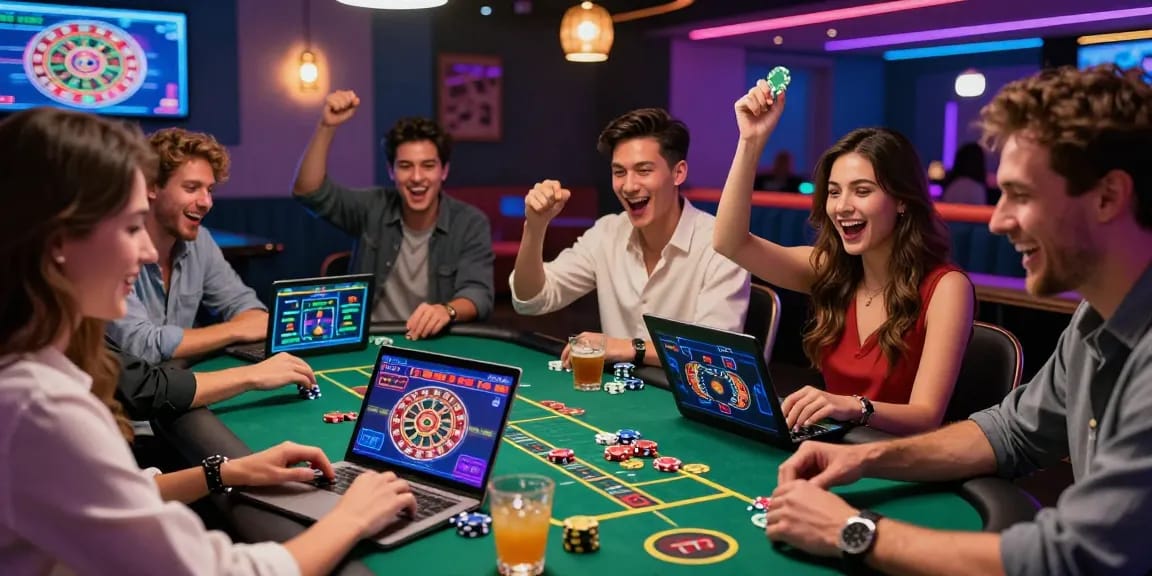 Friends enjoying ok8386 com online gambling games at a stylish lounge.