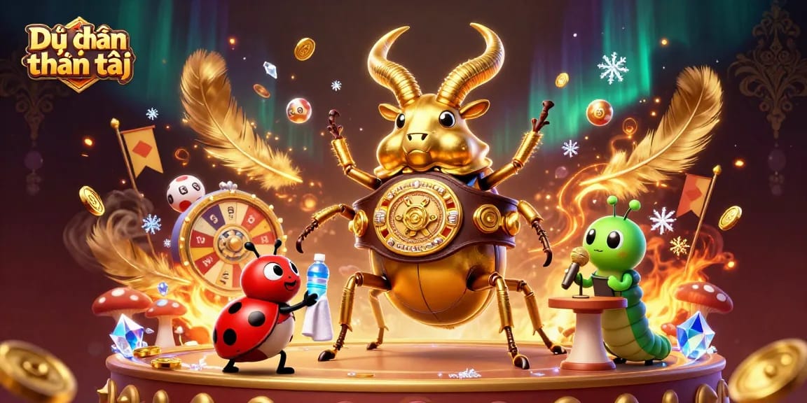 Dự đoán thần tài shows a giant beetle boxing champion amidst lottery themed elements, signaling excitement in gambling.