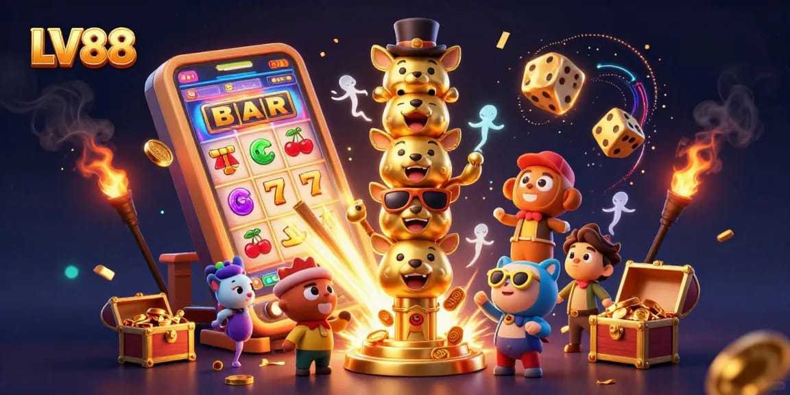 Experience the excitement of LV88 with a dynamic 3D illustration of casino elements and characters.