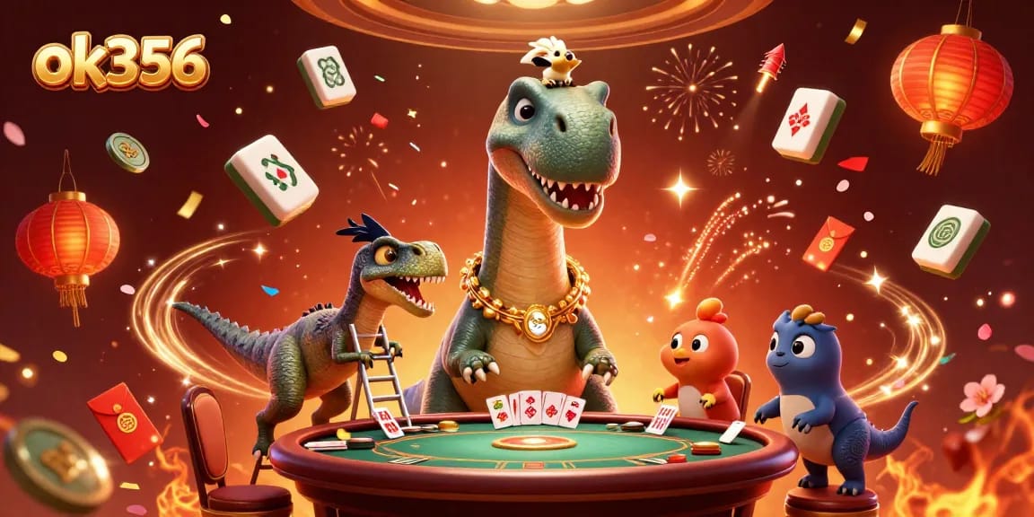 Engage with the captivating ok356 brontosaurus casino scene featuring a clever raptor dealing cards.