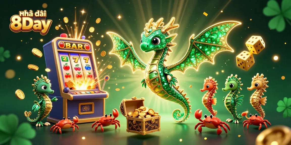 Engage in thrilling gameplay with Nhà cái 8Day, featuring a vibrant 3D casino scene and dynamic gaming elements.