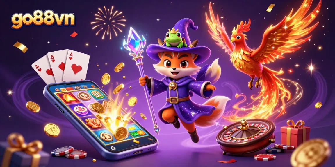 Engage in thrilling gameplay at Go88vn, featuring a 3D wizard fox surrounded by exciting casino elements.