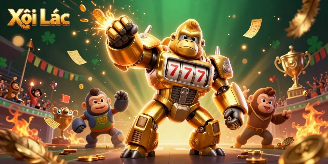 Xôi Lạc showcases thrilling sports betting action with a golden gorilla mech and dynamic elements.