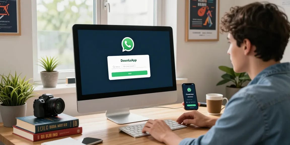 Excited professional downloading WhatsApp下載 on desktop during dynamic workspace scene.