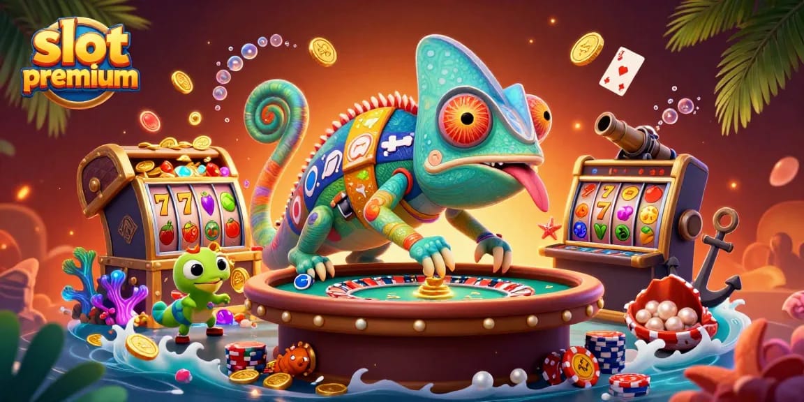 Engage in slot premium action with a vibrant chameleon casino owner, surrounded by dynamic treasures and symbol-rich gameplay.