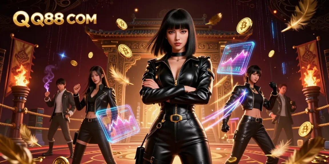Experience thrilling action at QQ88 COM with immersive gaming features in a dynamic 3D illustration.