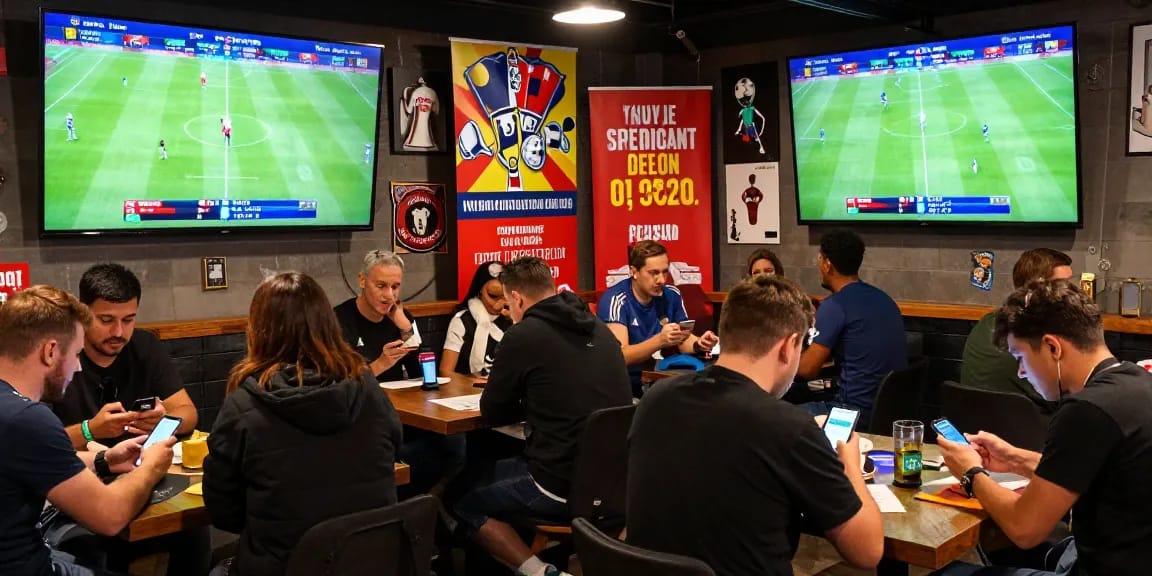 Exciting scene of Taruhan Mix Parlay Bola88 in a sports betting café showing bettors engaged with dynamic screens and mobile apps.