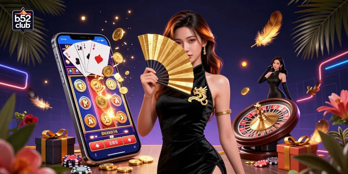 Engage with the b52 club in a vibrant gambling scene featuring a stunning Asian woman and dynamic game elements.