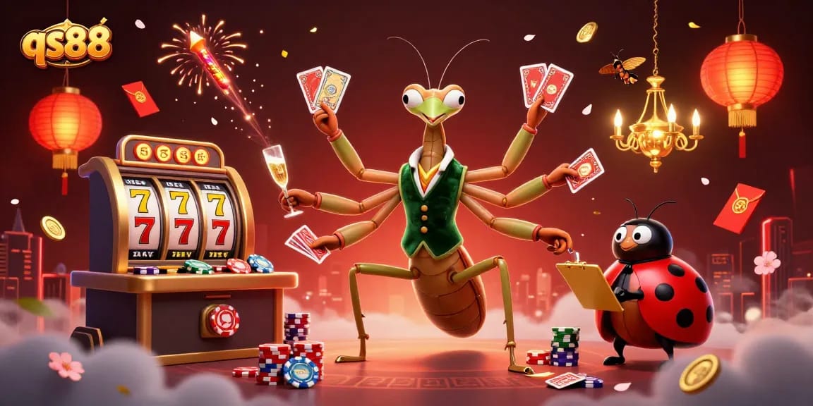 Engage in thrilling gameplay with qs88's vibrant casino scene, featuring card games and joyous celebrations.