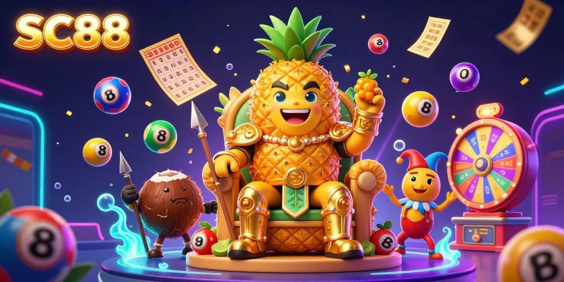 SC88 showcases a vibrant casino scene with the pineapple king and lottery elements, enhancing your gaming experience.