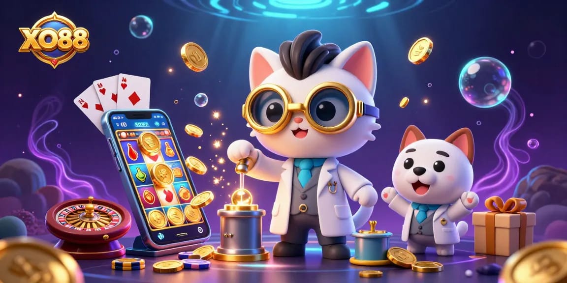 XO88 characters celebrating gaming wins with vibrant casino elements and dynamic action.