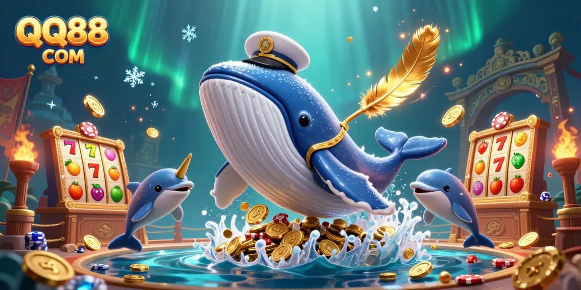 Join the excitement with QQ88 COM as a giant whale and friends celebrate winning at slots with vibrant coins and festive elements.