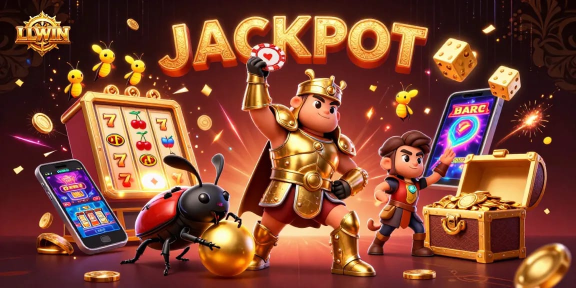 LLWIN showcases a herculean beetle winning with casino elements, highlighting jackpot excitement.