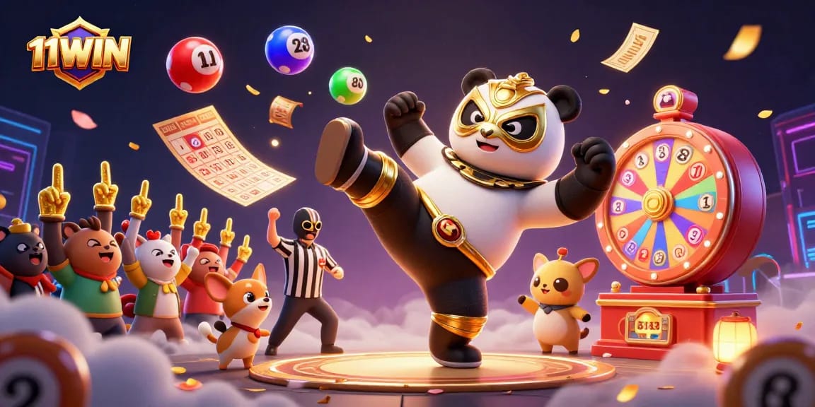 Engage with excitement in 11WIN's dynamic lottery scene featuring vibrant characters and game elements.